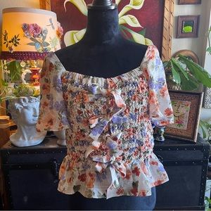 Anthropologie En Saison Top Womens  Smocked Ruched Floral Sz L NWT Gypsy…